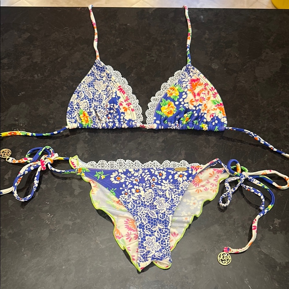 Luli Fama Blue and White Bikini with Artistic Design